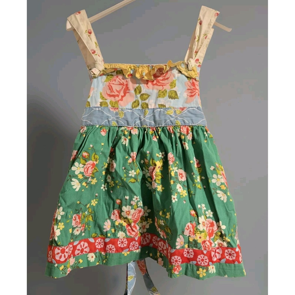 Matilda Jane Girls Floral Apron Dress Green Pink Strawberry Pockets Size 4 T1311